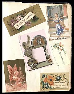 Full view of scrapbook page. Includes 1 tradecard of Brooklyn business: Weedon's Book Exchange.