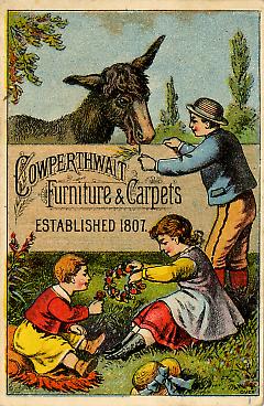 Trade Card, 1881. B.M. Cowperthwait and Company. 408, 410 and 412 Fulton Street. Brooklyn. Recto.