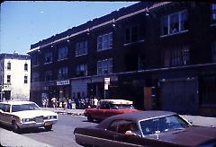 [Bushwick street scene showing cars and a liquor store with a long line of people outside]