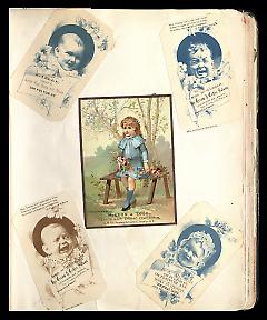 Full view of scrapbook page. Includes 5 tradecards from Brooklyn businesses: A. Legge, Mrs. H. Wursch, McKeon & Todd, H. A. Wilson.