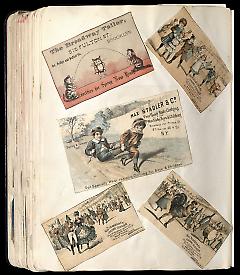 Full view of scrapbook page. Includes 1 tradecard of Brooklyn business The Broadway Tailor.