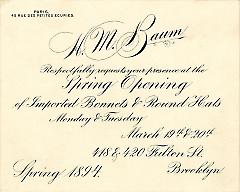 Trade Card, 1894. H.M. Baum. 418 and 420 Fulton Street. Brooklyn. Recto.