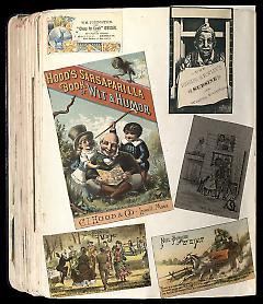 Full view of scrapbook page. Includes 1 tradecard of Brooklyn  business: W. M. Johnson, Grocer.