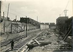 Looking east from 20th Ave. showing platforms, retaining walls and roadbed