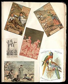 Full view of scrapbook page. Includes 4 tradecards of Brooklyn businesses: Nicoll the Tailor, H. Hildrebrand, J. Lichtenstein.