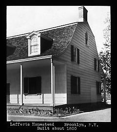 Views: U.S., Brooklyn. Brooklyn, Lefferts Homes. View 014: Lefferts homestead (view showing the slope of the roof).