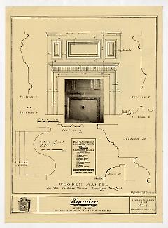 Kyanize enamel advertisement featuring a photograph of the wooden mantel  and measured drawings of the Snedeker House. Drawings by Edgar and Verna Cook Salomonsky.