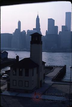 [Fulton Ferry Fireboat house, East River, and Manhattan skyline]