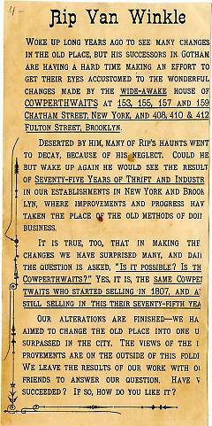 Trade Card, 1882. B.M. Cowperthwait and Company. 408, 410 and 412 Fulton Street. Brooklyn. Verso.