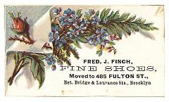 Tradecard. Fred J. Finch. Fine Shoes. 485 Fulton Street. Brooklyn, NY. Recto.