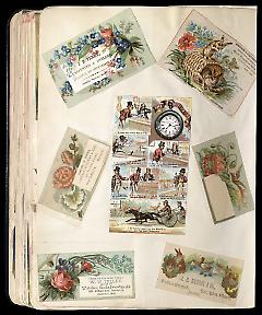 Full view of scrapbook page. Includes 4 tradecards of Brooklyn businesses: J. T. Perry, Samuel A. Byers, W.W. Tolley, J.E. Murray & Co.