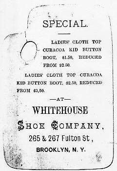 Tradecard. Whitehouse Shoe Company. 265 & 267 Fulton St. Brooklyn, NY. Verso.