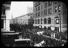 Views: Brooklyn, Long Island, Staten Island. Brooklyn scenes; buildings. View 023: Parade of Volunteer Firemen, 22 February. Nearby...the procession.