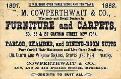 Trade Card, 1881. B.M. Cowperthwait and Company. 408, 410 and 412 Fulton Street. Brooklyn. Verso.