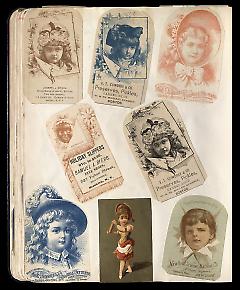 Full view of scrapbook page. Includes 2 tradecards from Brooklyn businesses: Joseph J. Byers, Samuel A. Byers.