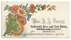 Tradecard. Mrs. A. A. Barney. 456 Fulton Street. Brooklyn, NY. Recto.