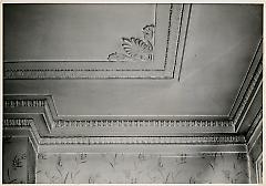 Moulding at ceiling in corner between fireplace chimney & front wall in main room showing corner design on ceiling. Lay House, 11 Cranberry Street, Brooklyn, N.Y. (detail).