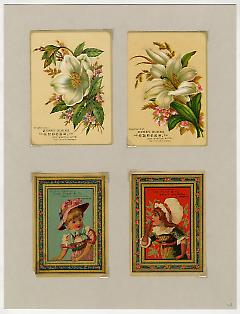 Set of 4 tradecards mounted on cardstock. Recto.