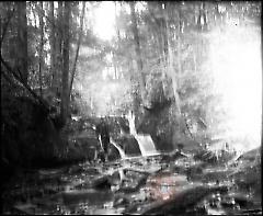 [Hunter in woods next to waterfall]