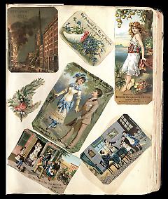 Full view of scrapbook page. Includes 1 tradecard for Brooklyn Business: Metropolitan Life Insurance.