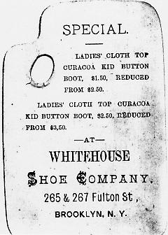 Tradecard. Whitehouse Shoe Company. 265 & 267 Fulton St. Brooklyn, NY. Verso.