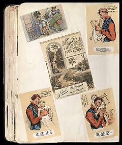 Full view of scrapbook page. Includes 5 tradecards of Brooklyn business: Nicoll the Tailor.