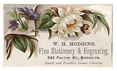 Tradecard. W. H. Hodgins. Fine Stationary & Engraving. 343 Fulton Street. Brooklyn, NY. Recto.