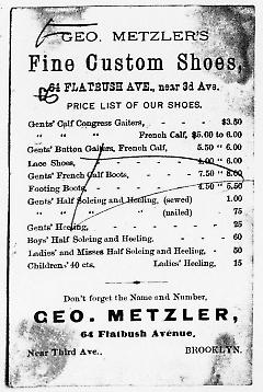 Tradecard. George Metzler. Fine Custom Shoes. 64 Flatbush Ave. Brooklyn, NY. Verso.