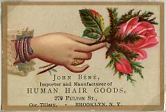 Tradecard. John Bene. Human Hair Goods. 279 Fulton St. Brooklyn, NY. Recto.