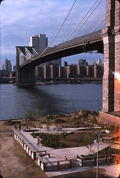 [View west with new park deck and Brooklyn Bridge taken from Fulton Ferry Landing]