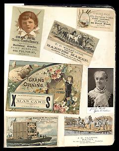 Full view of scrapbook page. Includes 5 tradecards of Brooklyn businesses: Chas Putz, Crowell's, T.D. Millspaugh, James H. Benjamin, J. H. Flower.