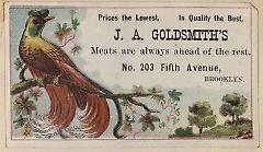 Trade card. J.A. Goldsmith's. 203 Fifth Avenue. Brooklyn.