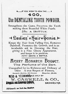 Tradecard. Reid & Yeomans, Druggists and Dispensing Chemists. 752 Union St. Brooklyn, NY. Verso.