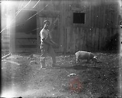 [Young man with a pig]