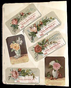 Full view of scrapbook page. Includes 6 tradecards for Brooklyn business: James W. Hamblet.