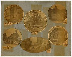 'Brooklyn's splendid landmarks provide attractive settings for speculative builders' flats and houses.' Collage of photographs of historic (17th-19th century) Brooklyn buildings.
