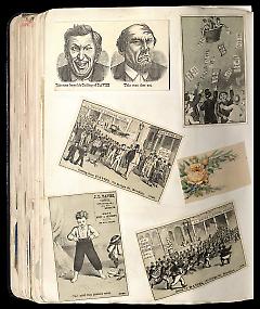 Full view of scrapbook page. Includes 4 tradecards of Brooklyn business J. L. Davies, Clothier.