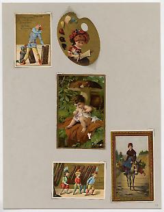 Set of 5 tradecards mounted on cardstock. Recto.