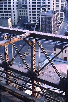 [View looking down from Brooklyn Bridge at Fulton Ferry Landing]