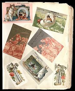 Full view of scrapbook page. Includes 7 tradecards for Brooklyn businesses: Henry Bullwinkel, W.G. Frazer, Phillips Bros., W. R. Browne, Kriete & Bullwinkel