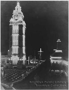 Dreamland's massive white tower at night