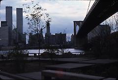 [View of Manhattan skyline from pier at Fulton Ferry Landing]