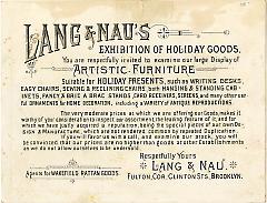 Trade Card. Lang and Nau. 292 and 294 Fulton Street. Brooklyn. Verso.