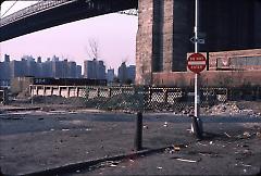 [Park deck under construction next to Brooklyn Bridge at Fulton Ferry Landing]