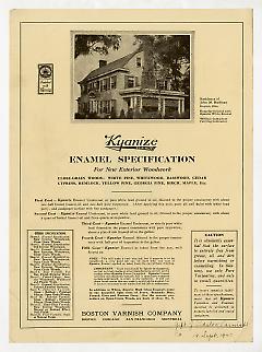 Kyanize enamel advertisement featuring a photograph of the main stairway  and measured drawings of the Lefferts House. Drawings by Edgar and Verna Cook Salomonsky.