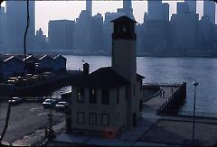 [Fulton Ferry Fireboat house, East River, and Manhattan skyline]