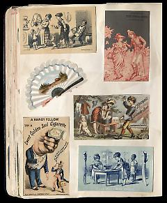 Full view of scrapbook page. Includes 1 tradecard of Brooklyn business: George Metzler Fine Shoes.