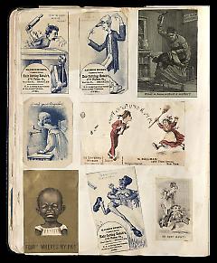Full view of scrapbook page. Includes 3 tradecards for Brooklyn business: Maurice Ruben.
