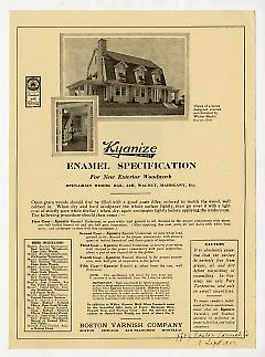 Kyanize enamel advertisement featuring a photograph of the wooden mantel  and measured drawings of the Snedeker House. Drawings by Edgar and Verna Cook Salomonsky.