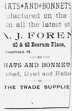 Tradecard. A. J. Foren. 40 & 42 Boerum Place. Brooklyn, NY. Verso.